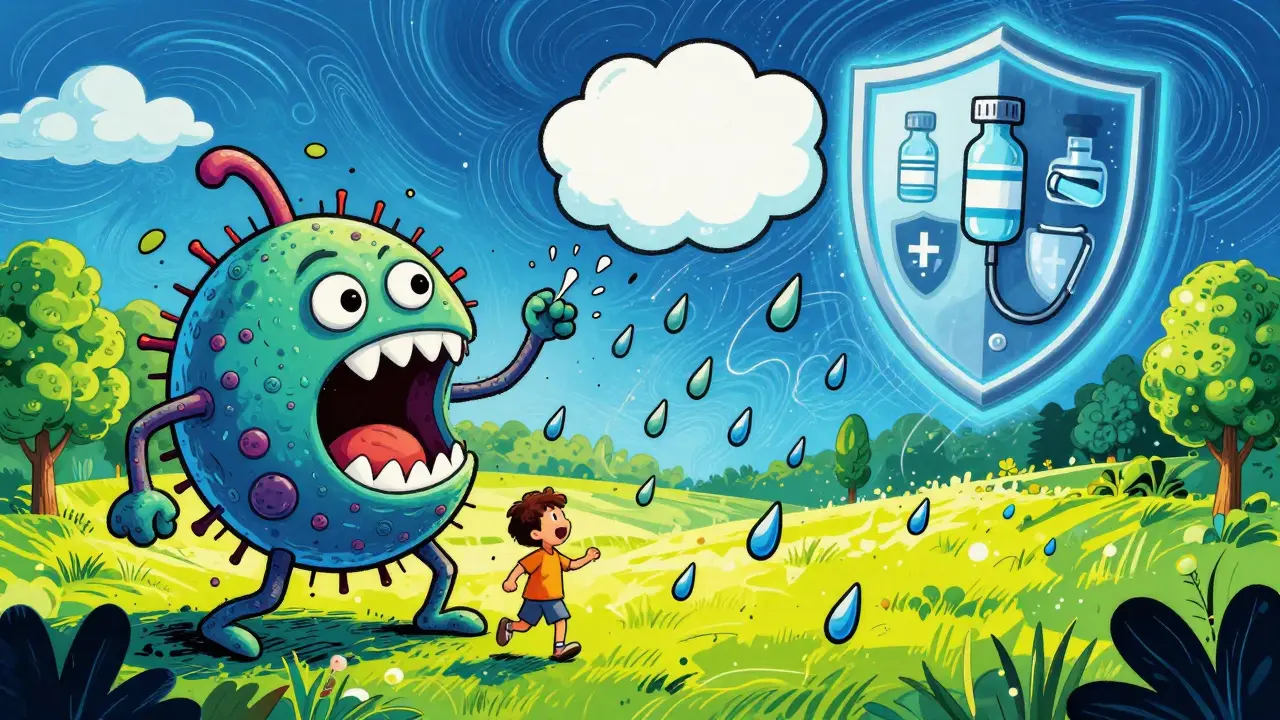A child sneezing triggers psoriasis spots raining down, while vaccine shields protect the scene in vibrant cartoon style.