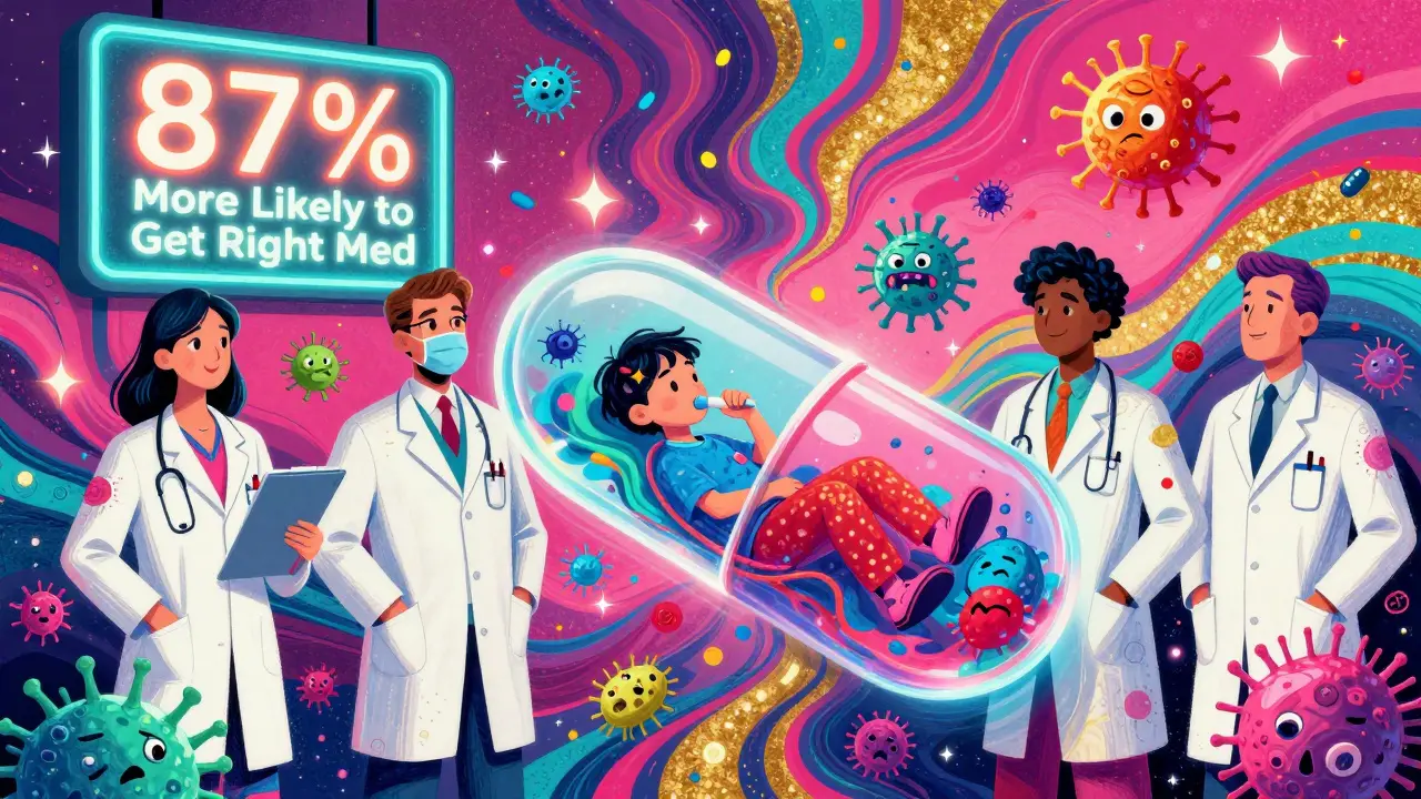 A giant transparent pill reveals a patient inside, with happy bacteria and frowning superbugs floating around.