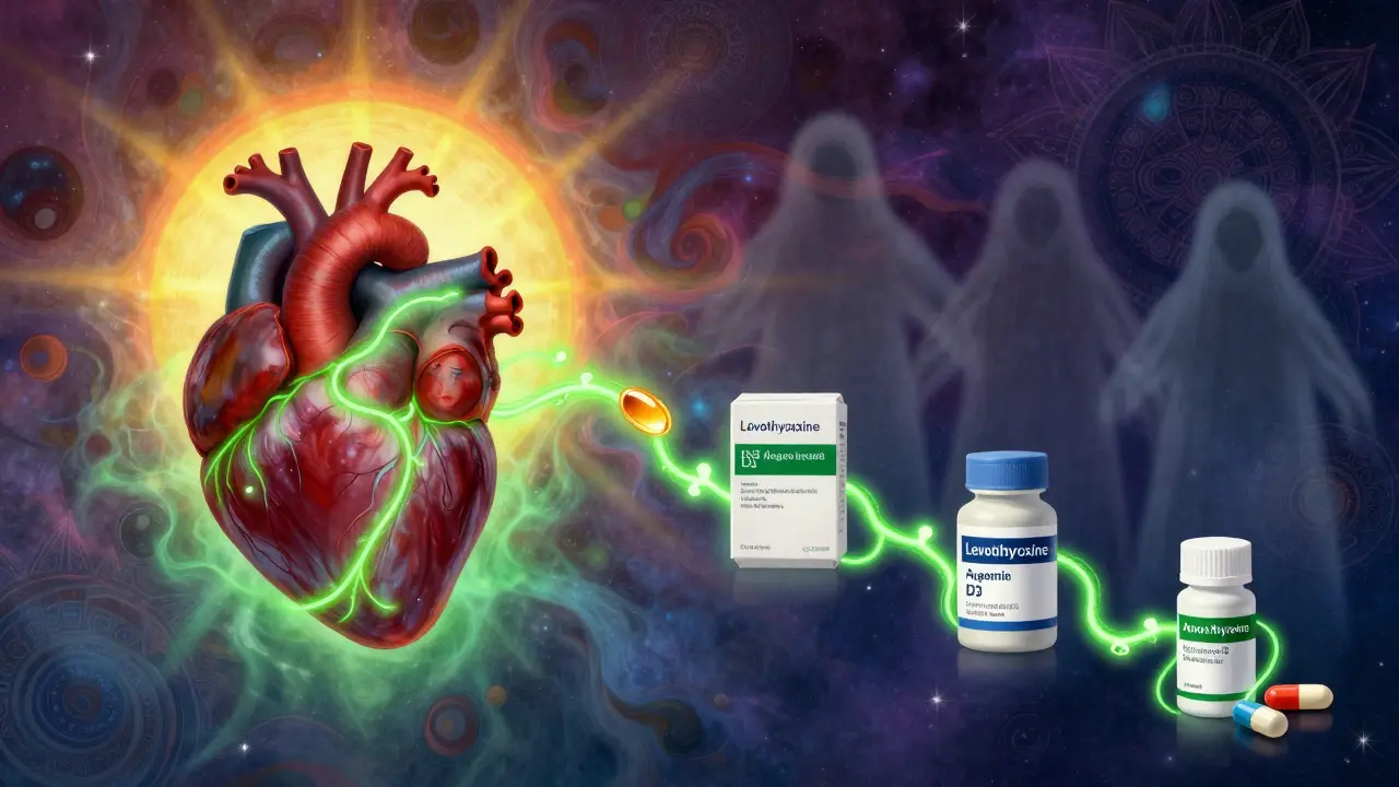 A glowing heart connected to vegan medications as animal-derived drugs fade away, under a radiant sunrise of plant-based alternatives.