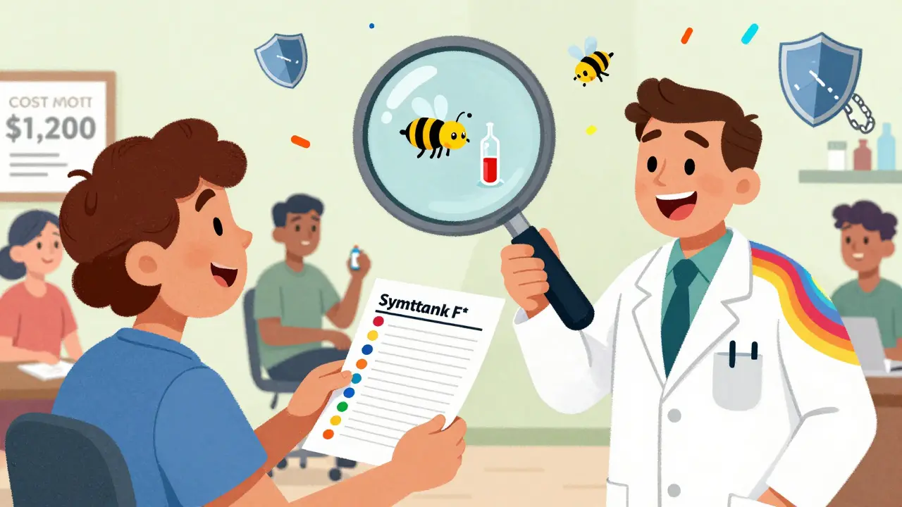 A patient shares a symptom log with an allergist as a magnifying glass examines a skin test, with icons of cost savings and antibiotic resistance floating nearby.