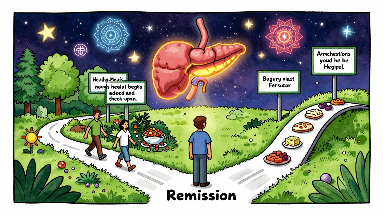 A person chooses a healthy path to remission over a slippery slope to relapse, with a glowing pancreas and cosmic health symbols around them.