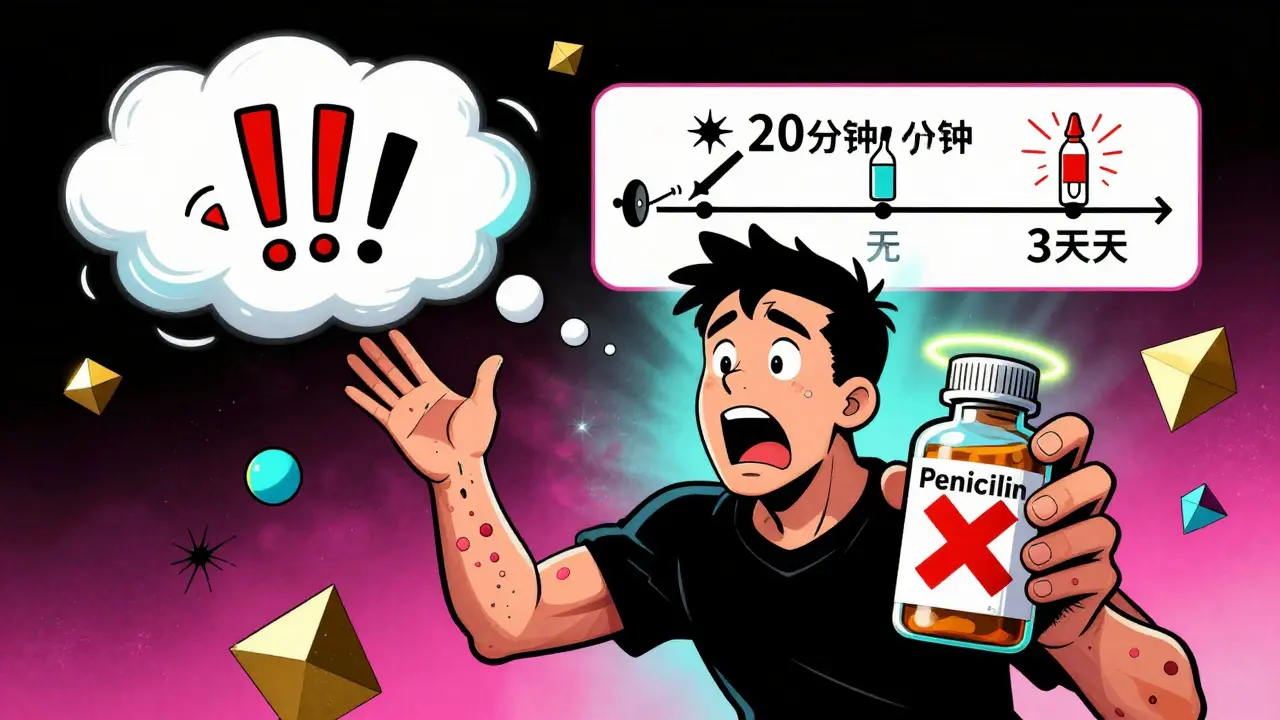 A person experiences an allergic reaction with hives and swelling while holding a penicillin bottle, surrounded by urgent symbols and glowing timelines.