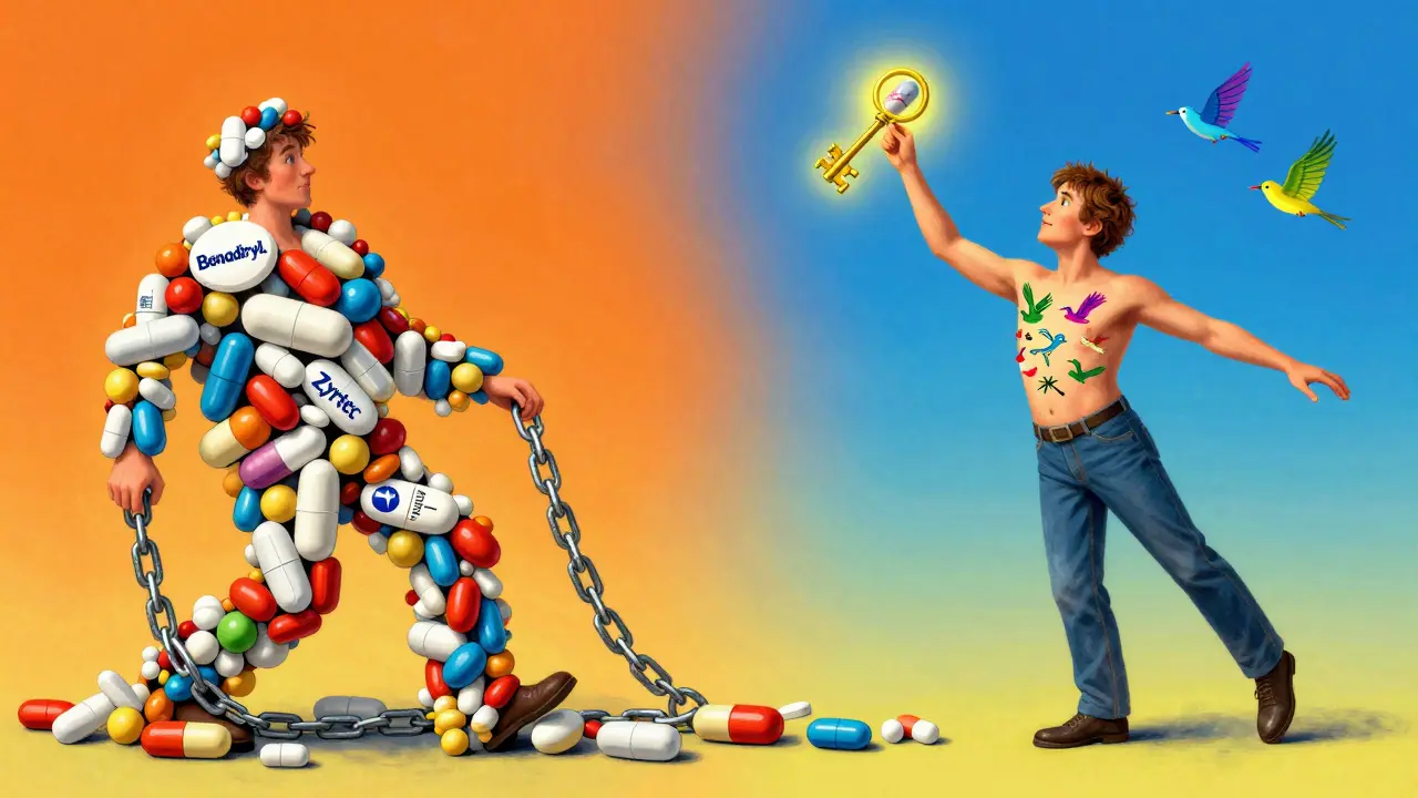A person freed from antihistamine chains, holding a glowing penicillin pill as colorful birds fly from their chest.