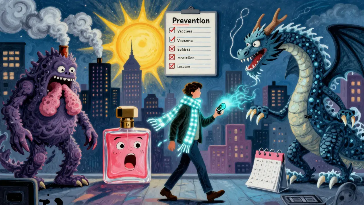 A person walking past cartoonish pollution and trigger monsters, wearing a protective scarf and holding a glowing pulse oximeter.