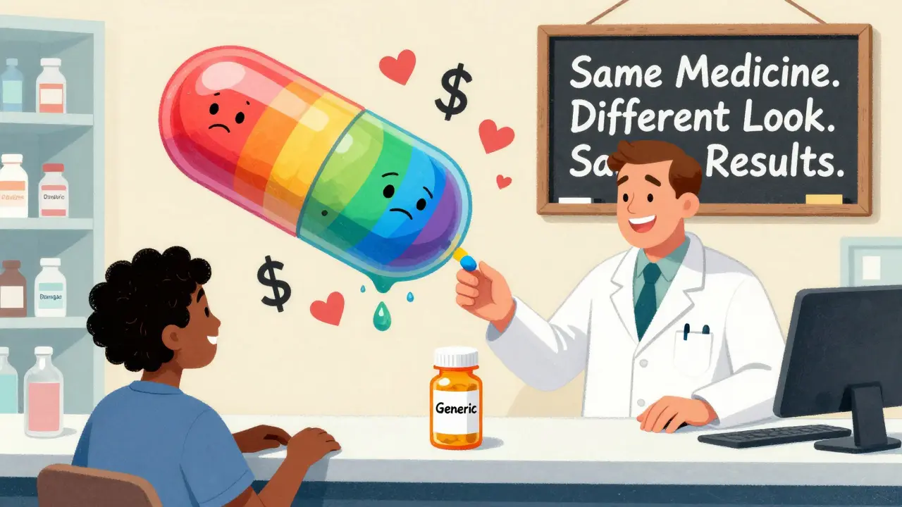 A pharmacist handing a generic pill bottle as a rainbow pill transforms behind them with dollar signs turning to hearts.
