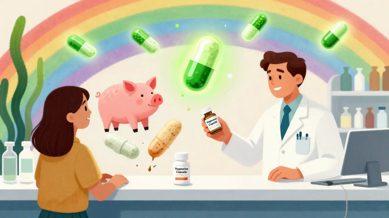 A pharmacist handing a vegan-friendly pill while animal-derived ingredients pop out of conventional medications in a colorful, whimsical pharmacy scene.