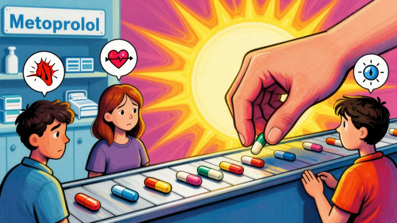 A pharmacy counter where a giant hand swaps generic pills on a conveyor belt, with patients reacting to changing pill shapes and colors.