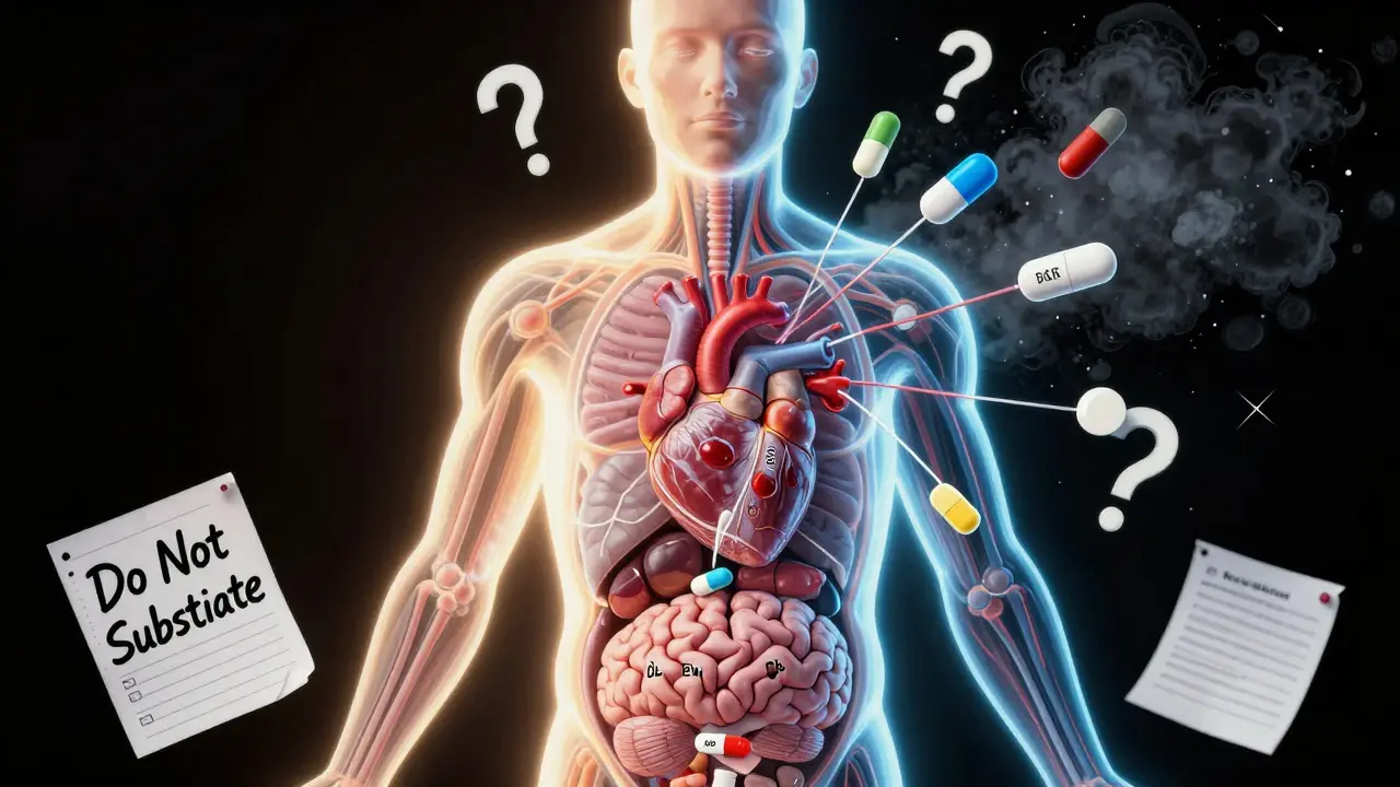 A transparent human body showing organs connected to different generic pills, with one side calm and the other chaotic from multiple switches.