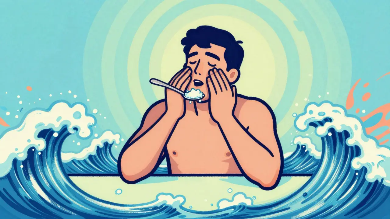 Artwork of a person finding relief with sugar and ice water swirls.