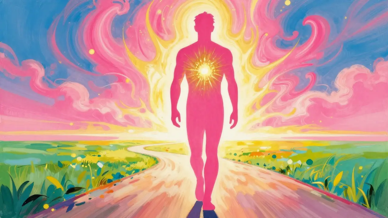 Confident silhouette walking with vibrant aura of wellness ahead.