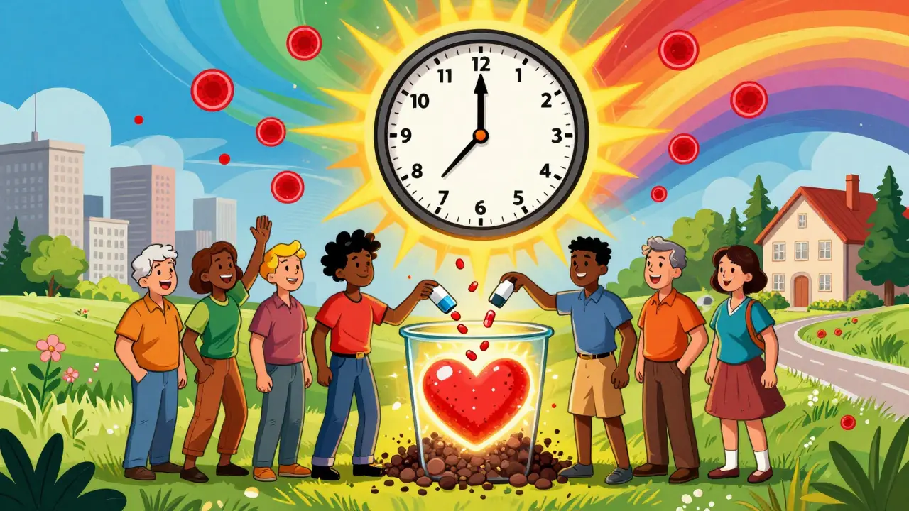 Diverse people lower diabetes pills into a heart-shaped bin as a clock ticks past three months and blood cells renew in rainbow waves.