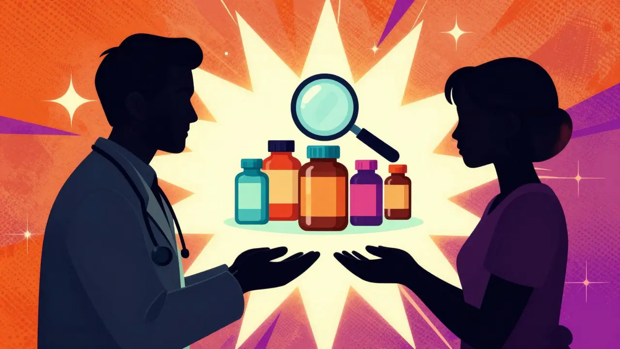 Doctor and patient reviewing bottles under a magnifying glass.