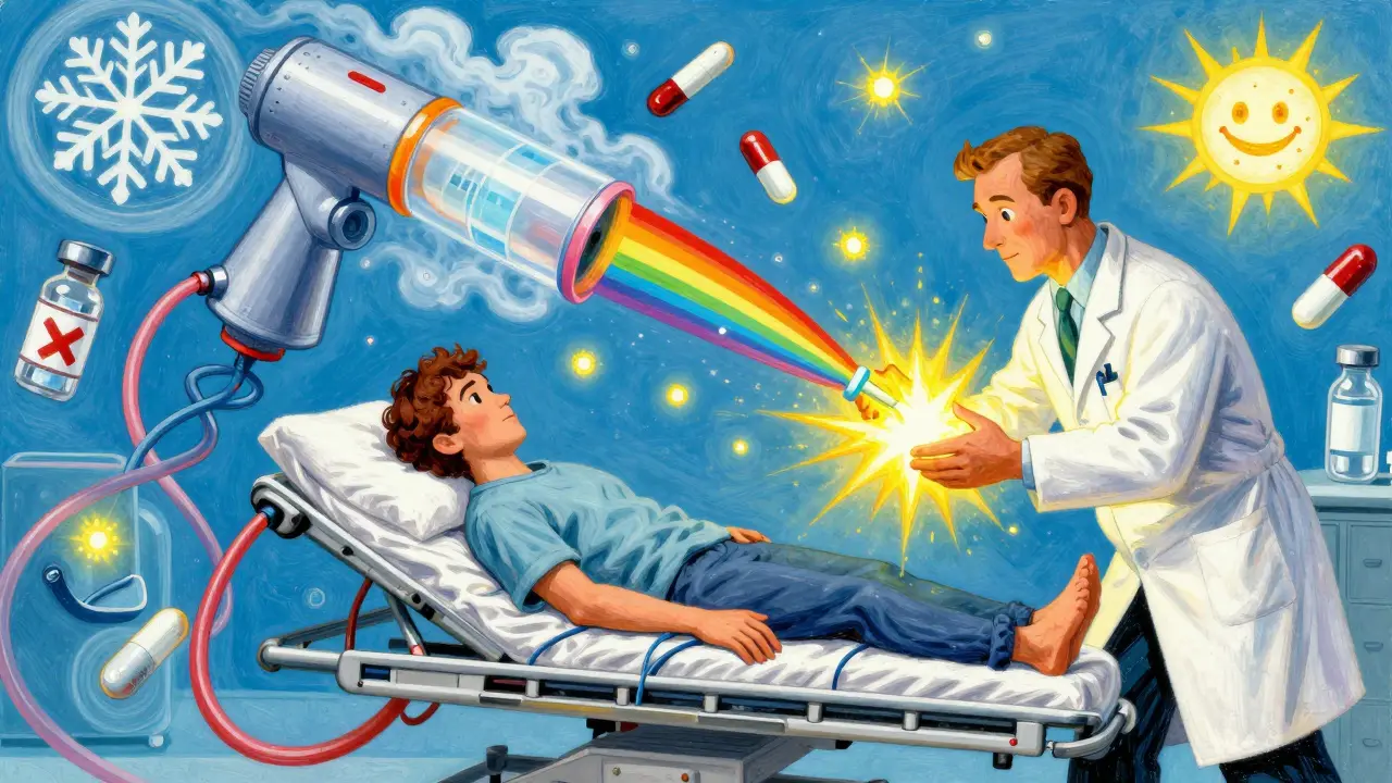 Emergency room scene with glowing medical tools, oxygen tubes, and antibiotic pills floating around a patient being treated.