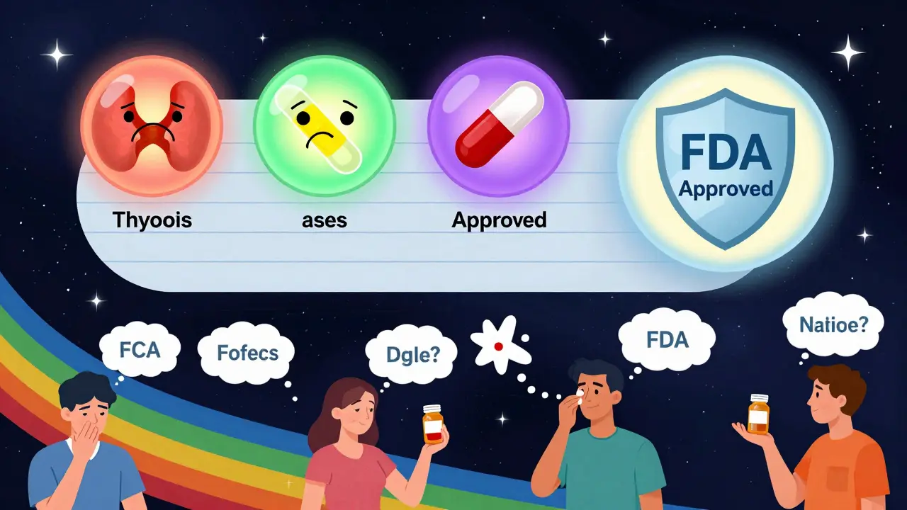 Four high-risk drug orbs float beside a generic orb, with patients showing different reactions in thought bubbles.