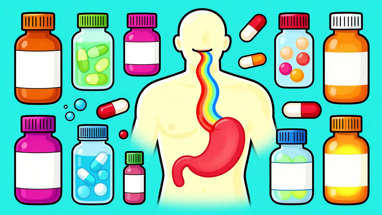 Groovy illustration of colorful medicines near a glowing stomach.