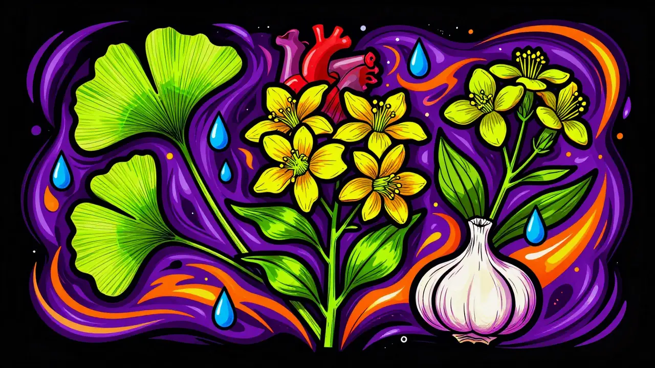 Illustration of plants mixing with heart and blood symbols.