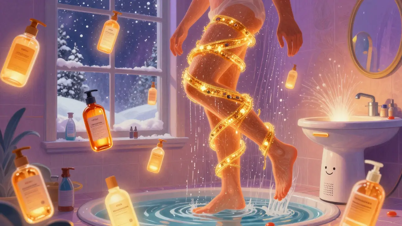 Someone moisturizing after a shower as golden ceramide ribbons wrap around their skin in a warm, glowing bathroom.