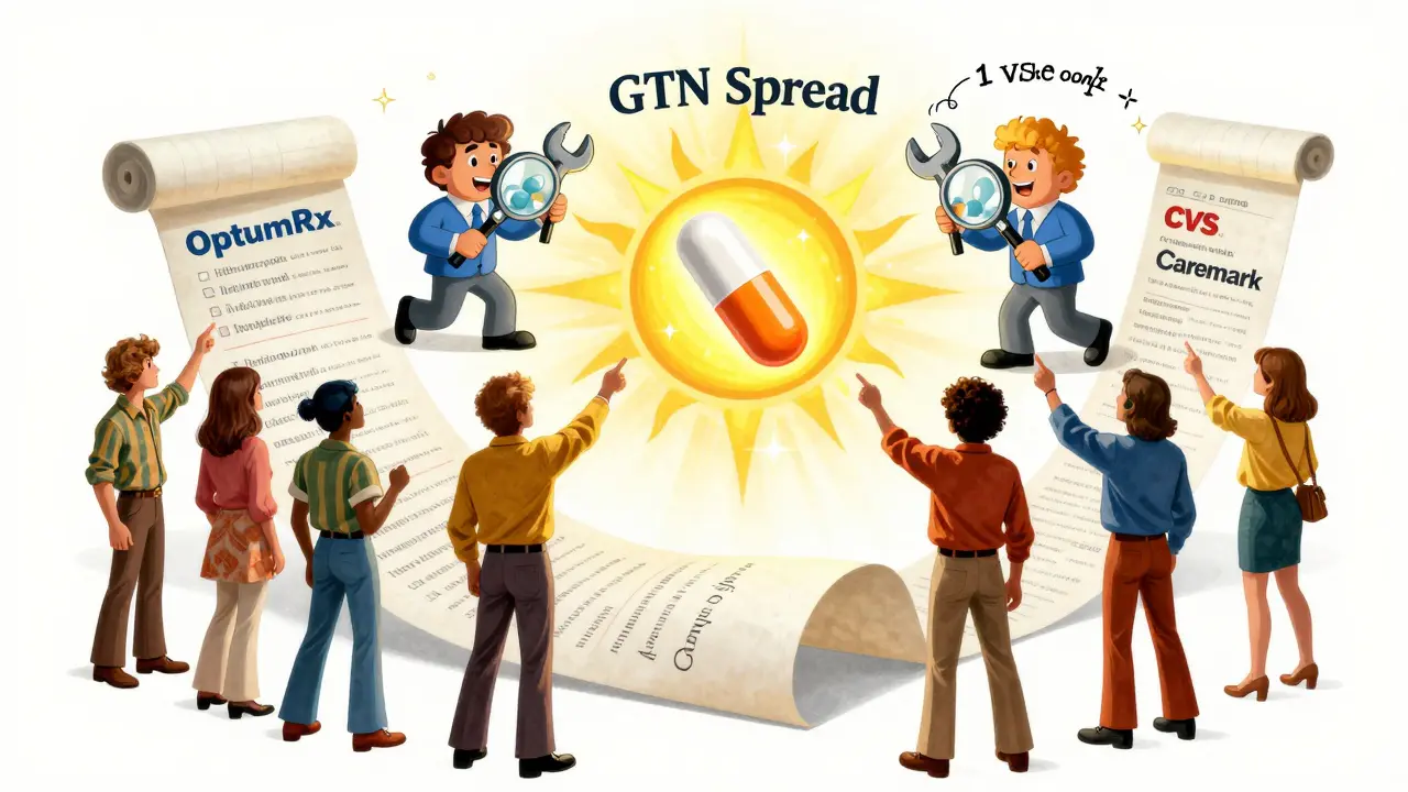 Three cartoon PBMs remove drugs from a floating formulary scroll while a glowing generic pill radiates savings in psychedelic style.