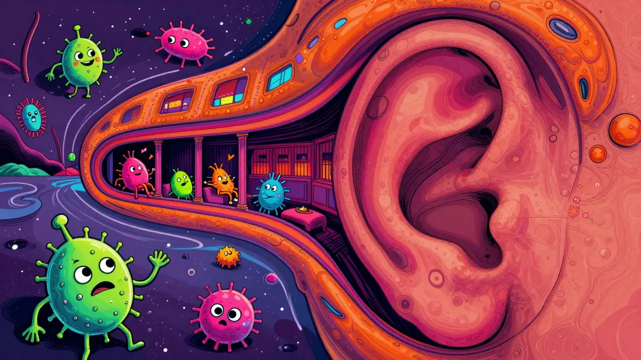 Abstract Peter Max style depiction of neon bacteria inside a colorful ear canal.