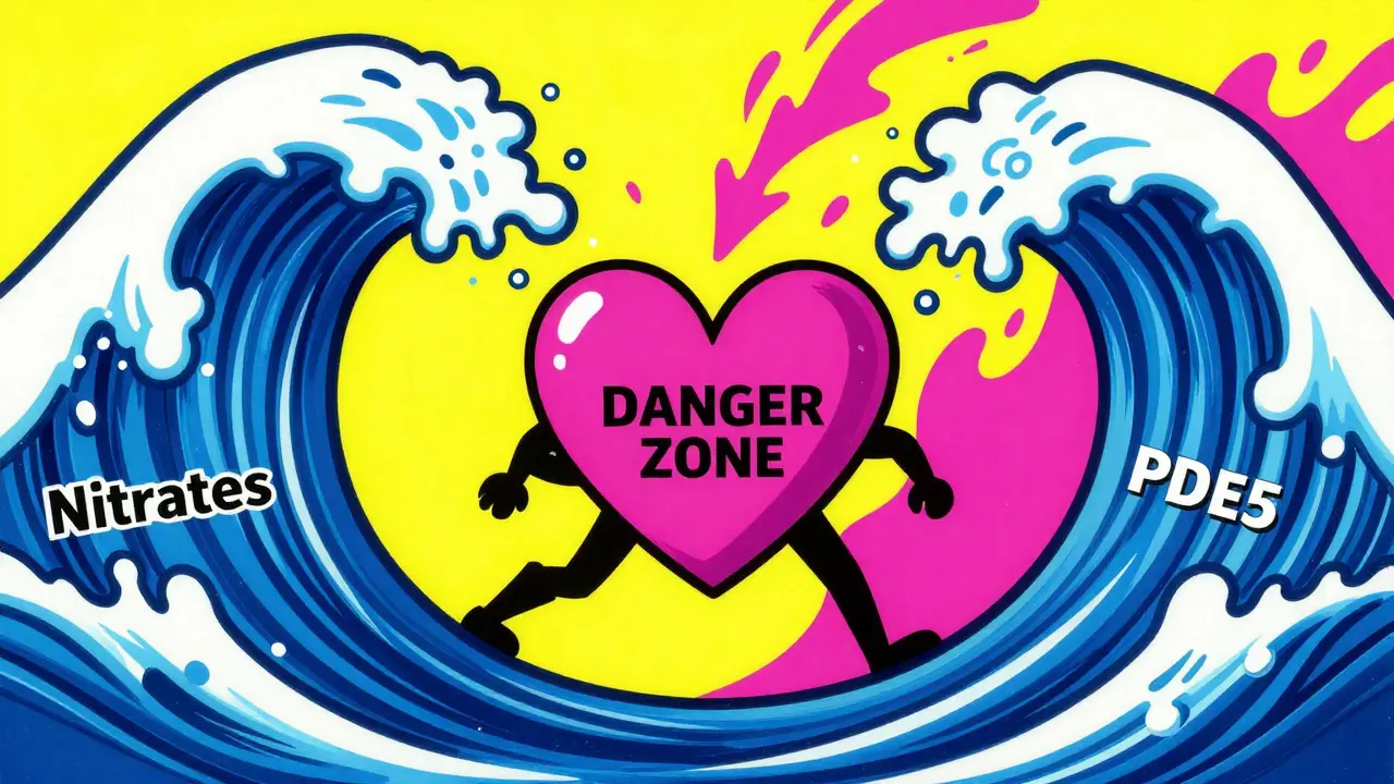 Abstract pop-art depiction of two clashing neon waves symbolizing a dangerous drug interaction