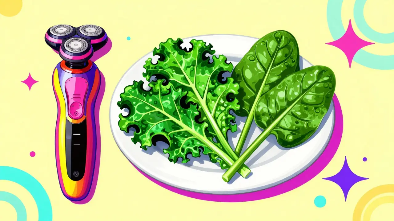 An electric shaver and green leafy vegetables rendered in a vibrant, psychedelic art style.