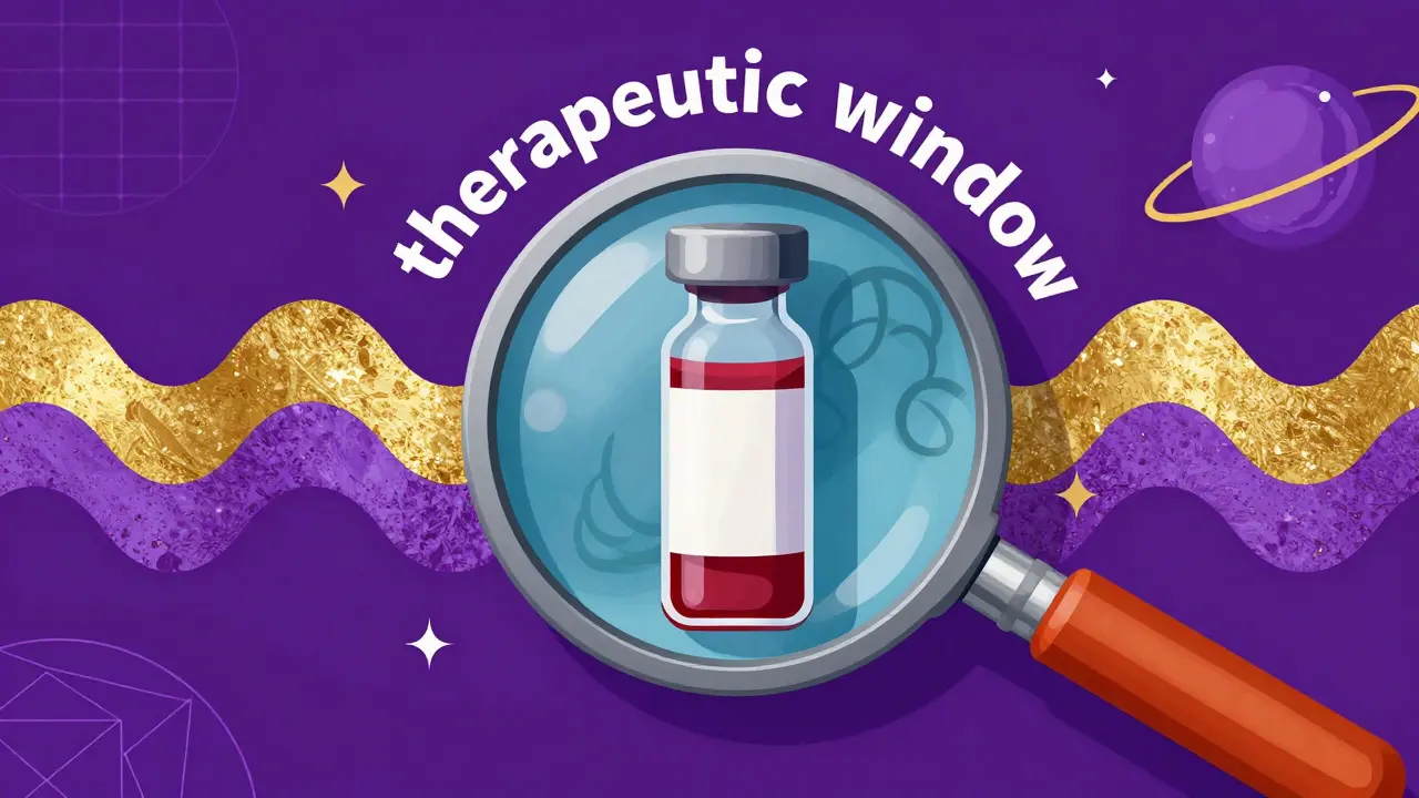 Blood vial under a magnifying glass with colorful waves representing the therapeutic window.