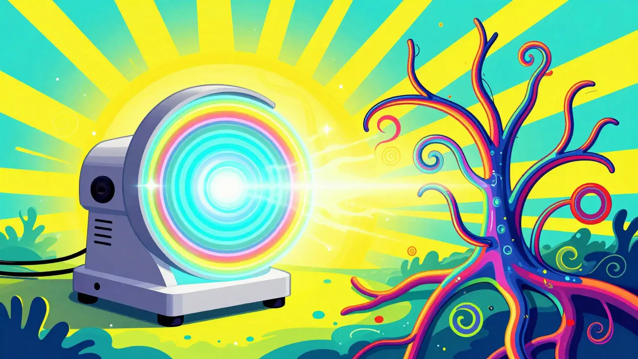 Bright surreal illustration of acoustic wave therapy with rainbow energy rings