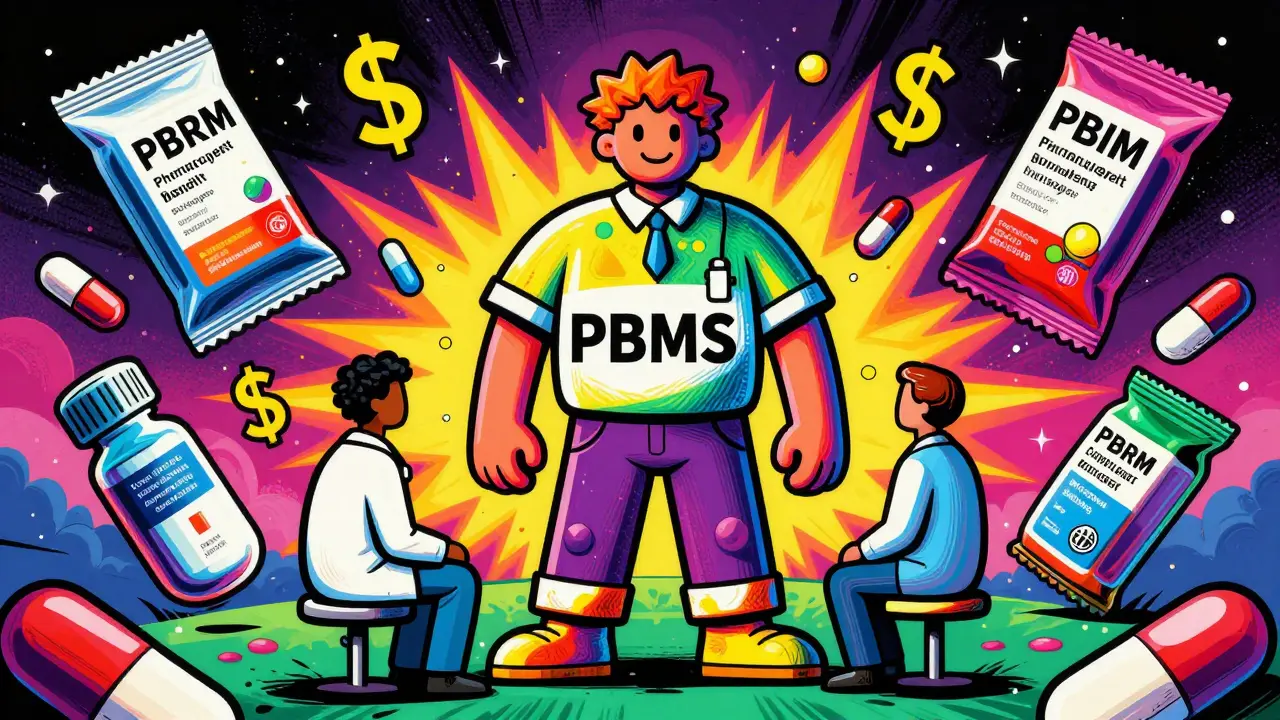 Colorful abstract depiction of a PBM middleman between a doctor and patient with floating money symbols.