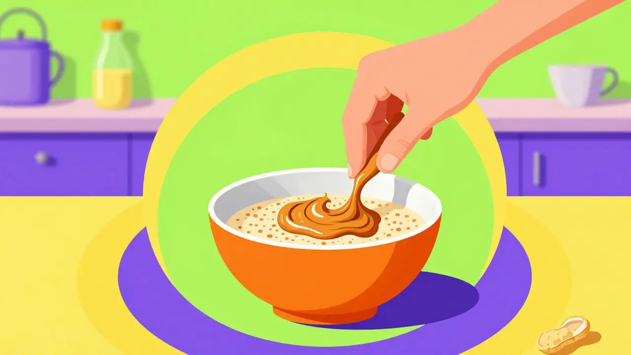 Colorful illustration of a parent mixing peanut butter into baby cereal in a vibrant kitchen.