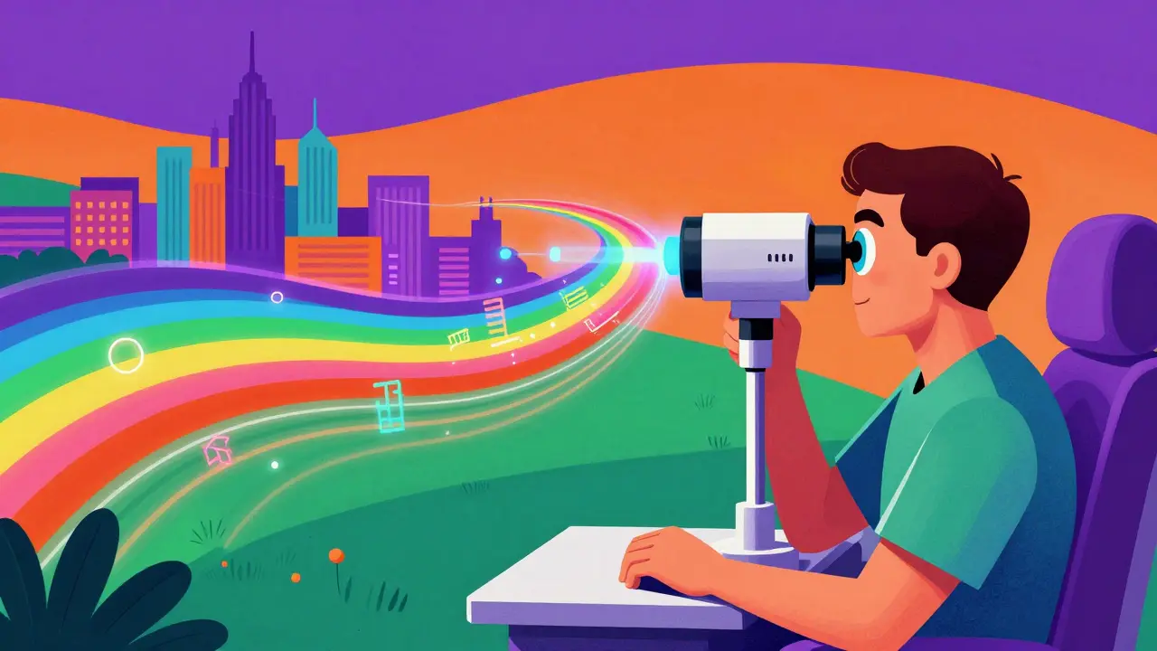 Colorful illustration of a patient using a retinal camera with neon data streams moving toward a city.