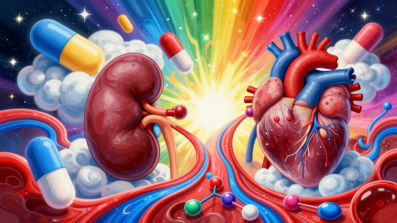 Colorful pills drifting over a stylized heart and kidney in a pop art cosmic scene.