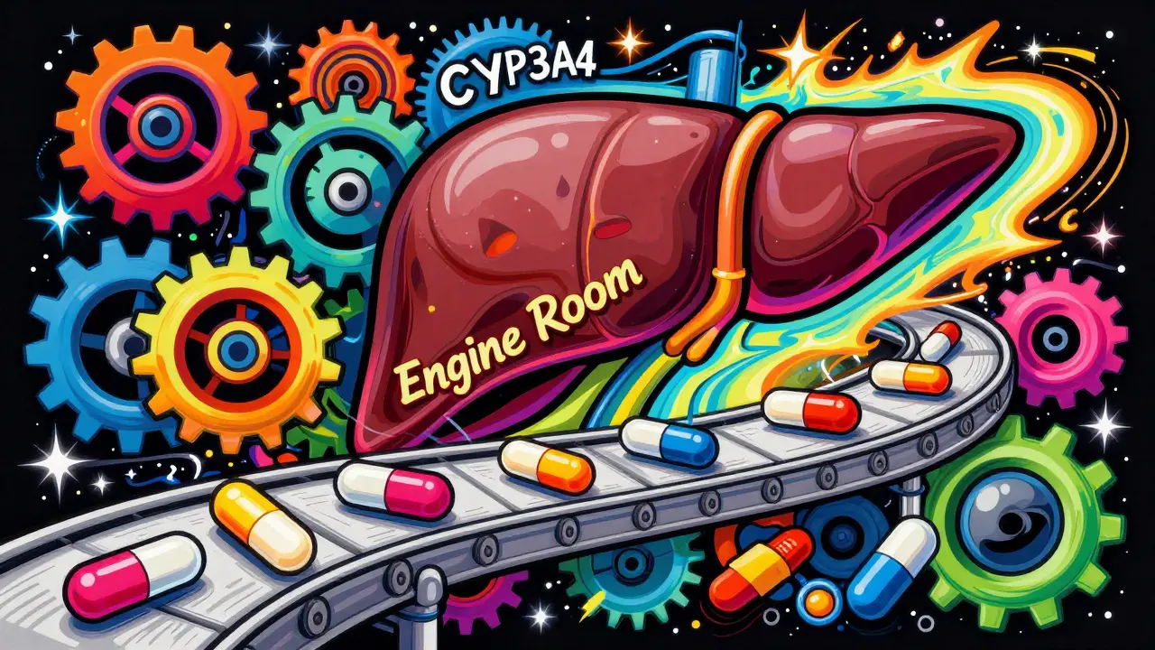 Colorful stylized liver engine room with neon gears representing enzyme induction.