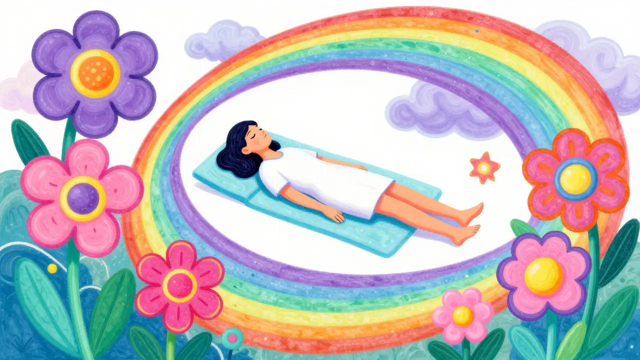 Peaceful figure floating among neon flowers and rainbow clouds symbolizing relief and health.