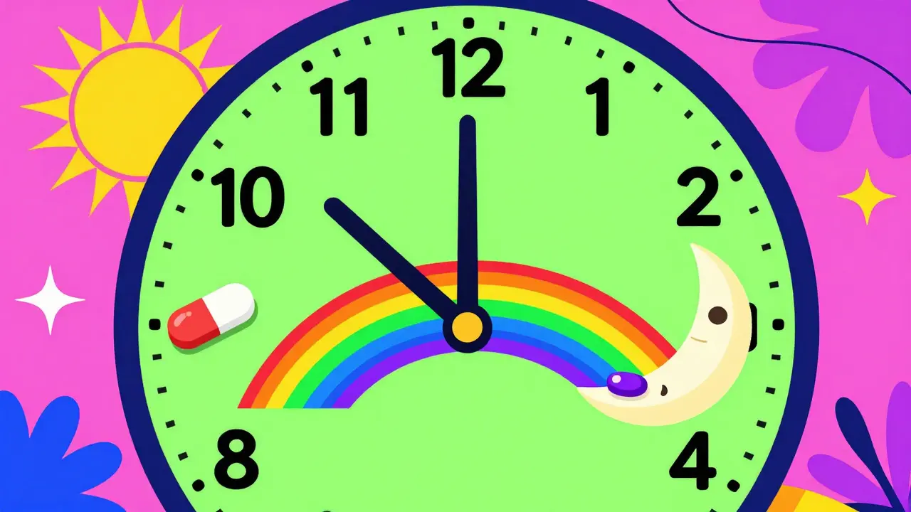 Stylized clock showing the time gap between taking thyroid medication in the morning and calcium at night.
