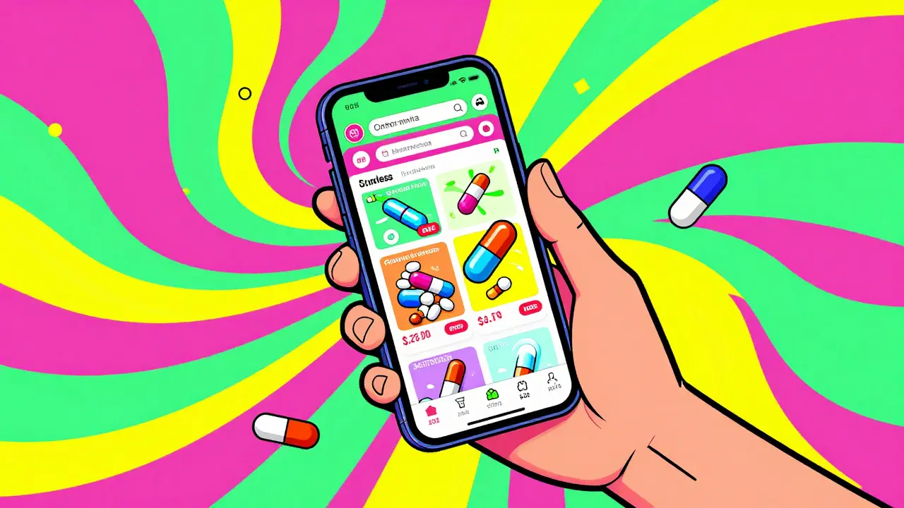 Stylized colorful smartphone and medicine icons representing online shopping in pop-art style.
