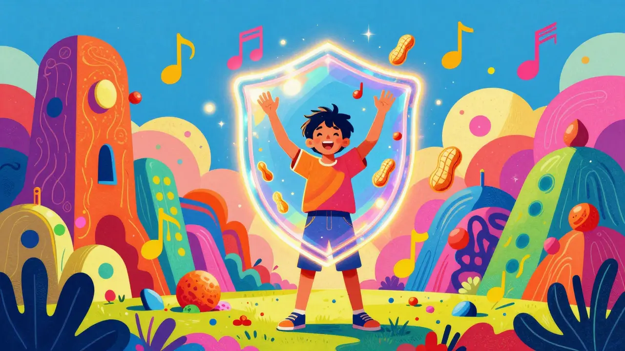 Stylized image of a child protected by a shimmering shield, representing peanut allergy immunotherapy.