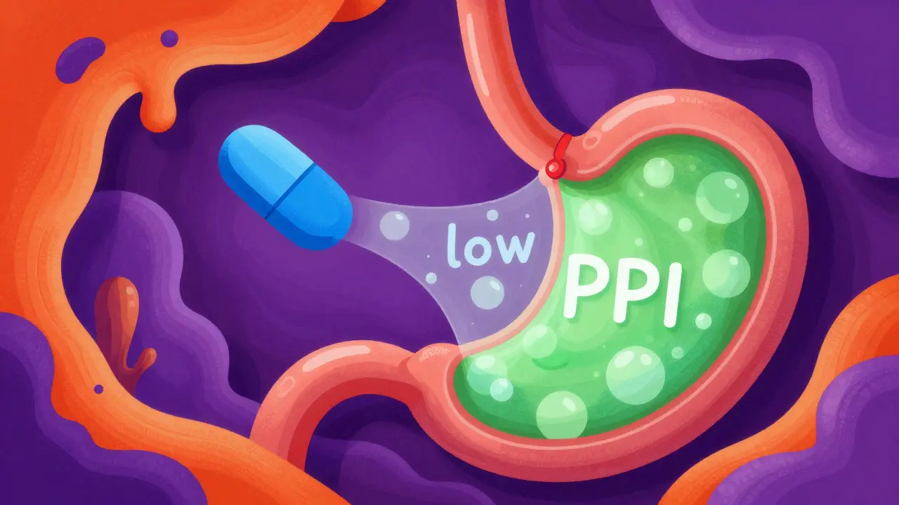 Surreal illustration of iron supplements and acid-reducing medication inside a vibrant stomach.
