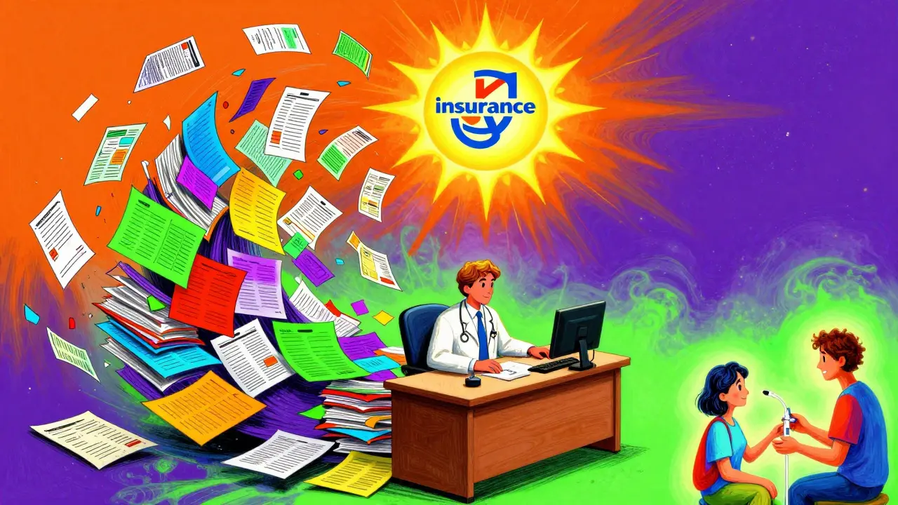 Vibrant illustration of a doctor overwhelmed by a swirling vortex of colorful insurance paperwork.