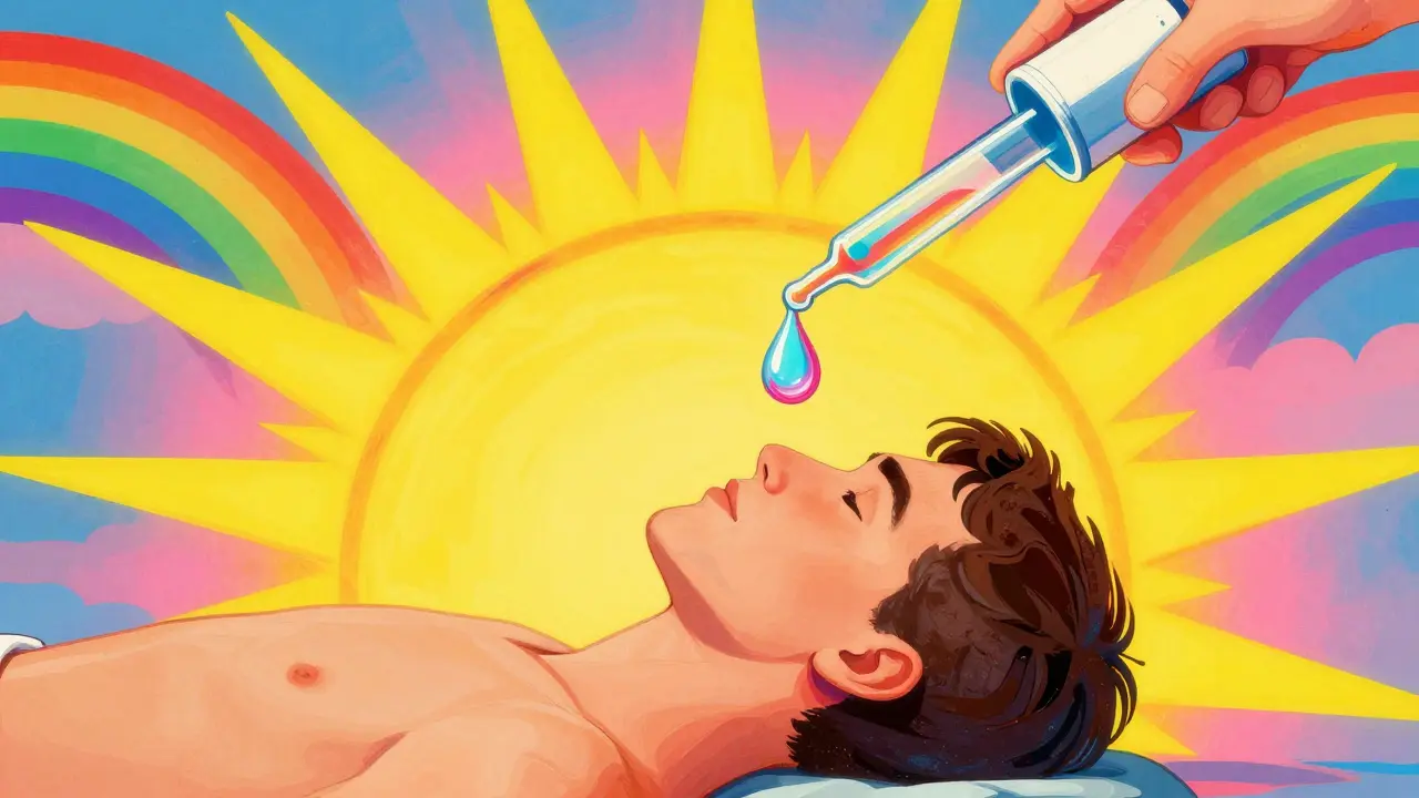 Vibrant illustration of a person receiving ear drops in a psychedelic, rainbow setting.