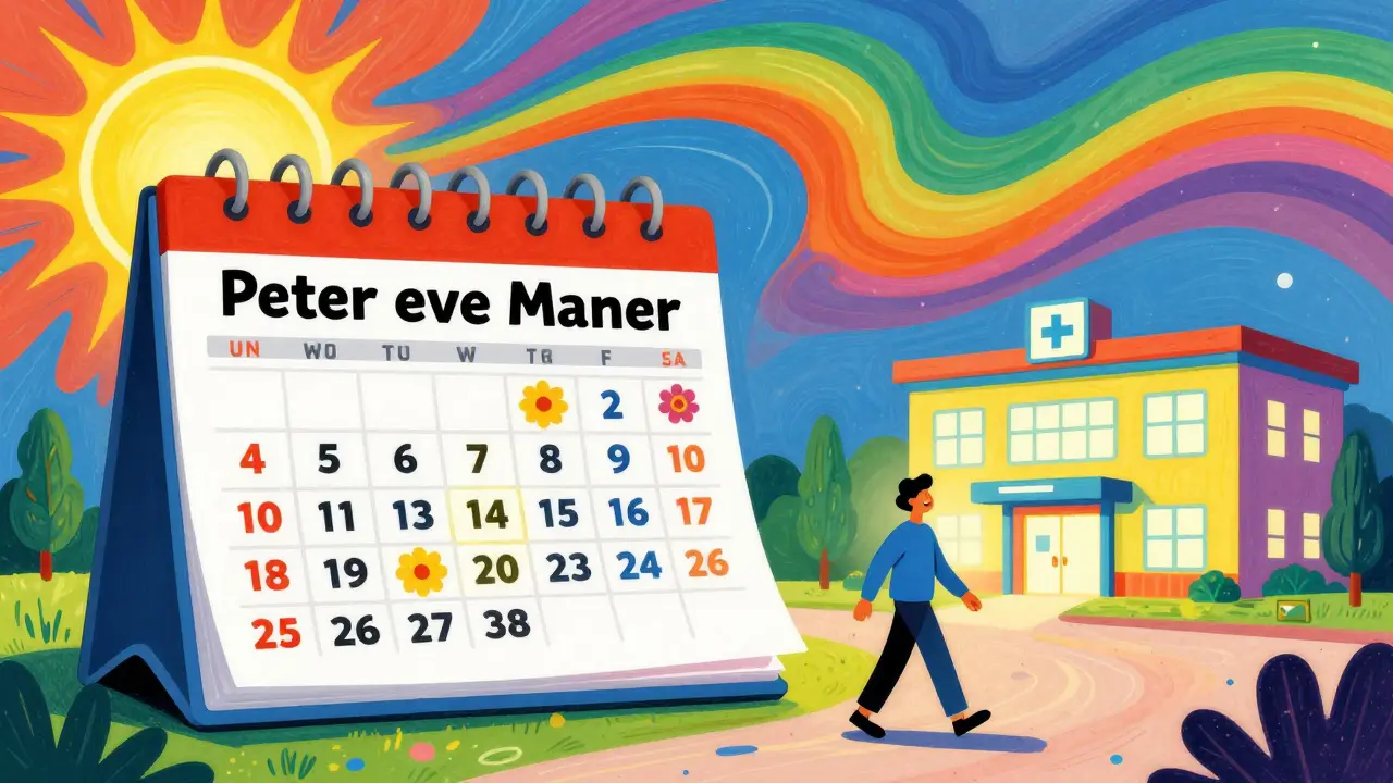 Whimsical artwork of a colorful calendar and a person walking toward a vibrant medical clinic.