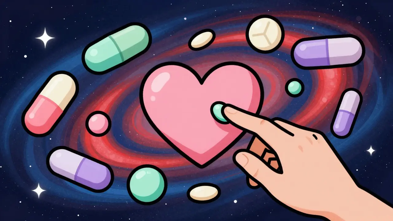 Abstract Peter Max art of floating pills and a heart representing careful dosage selection.