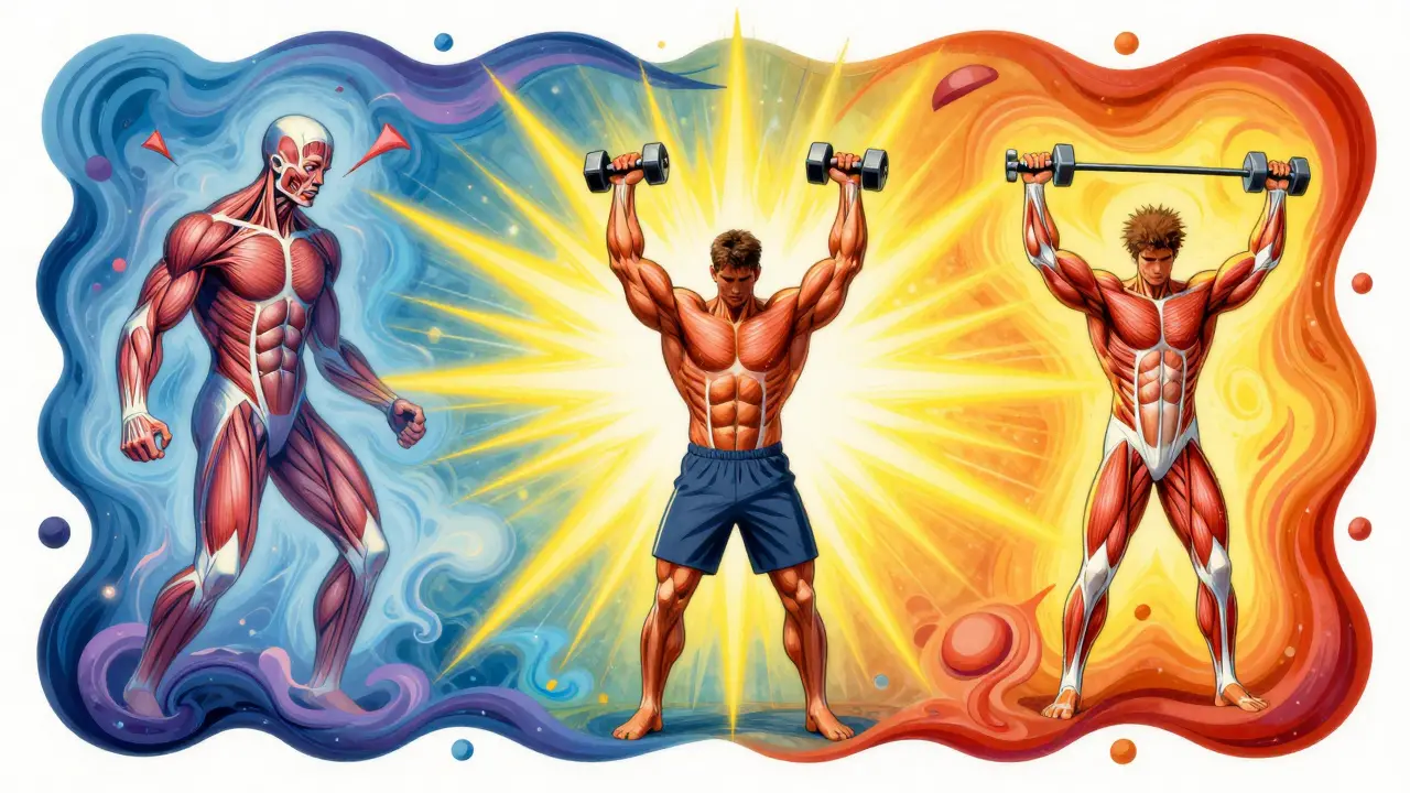 Art showing muscle breakdown vs recovery through gentle exercise