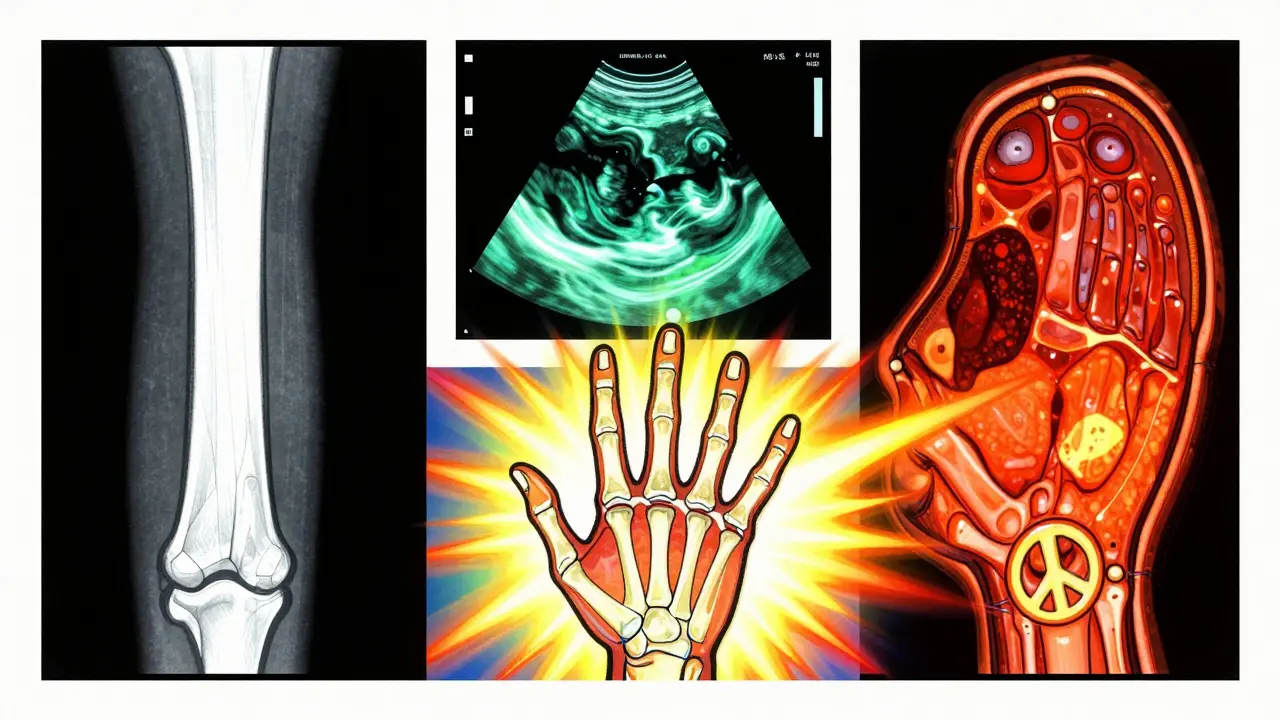 Colorful abstract art merging X-ray, ultrasound, and MRI visuals into a glowing representation of a healthy joint.