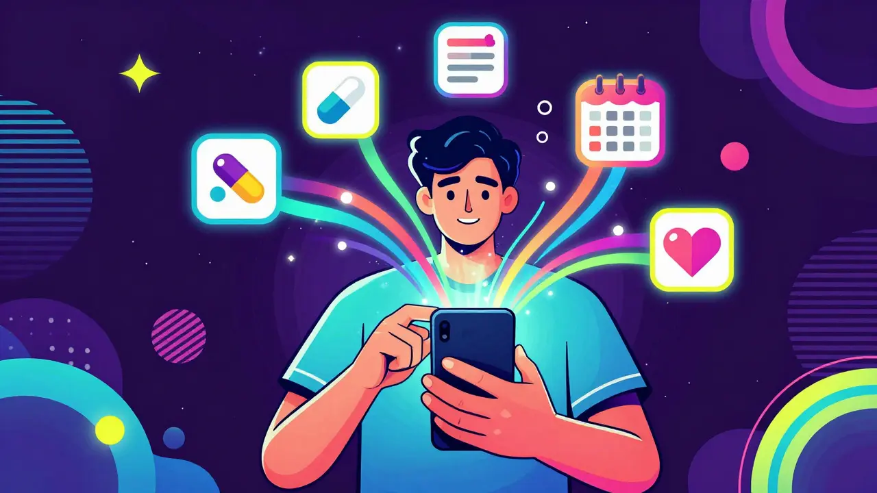 Colorful artwork showing smartphones and digital tools helping patients manage medication schedules.