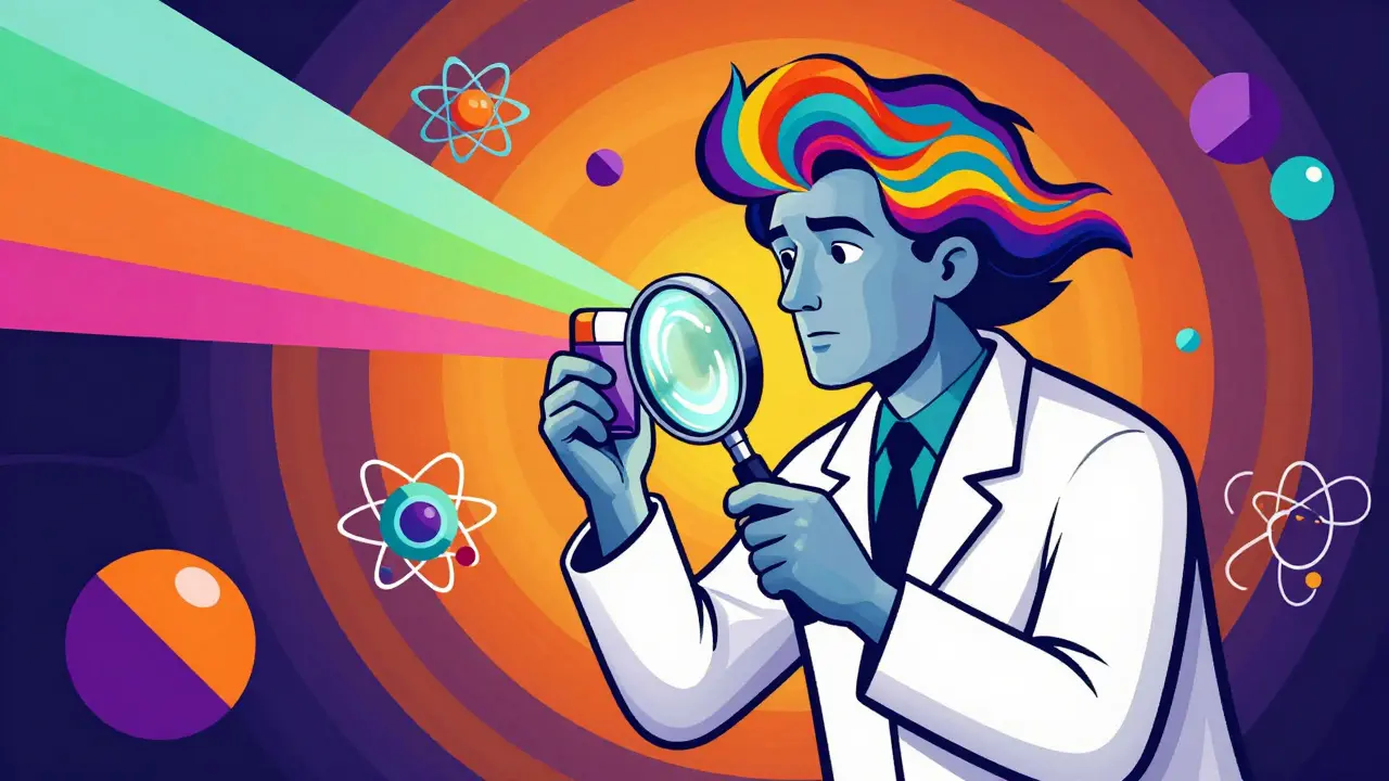 Colorful cartoon of a scientist analyzing a glowing inhaler, representing reverse engineering of pharmaceuticals.