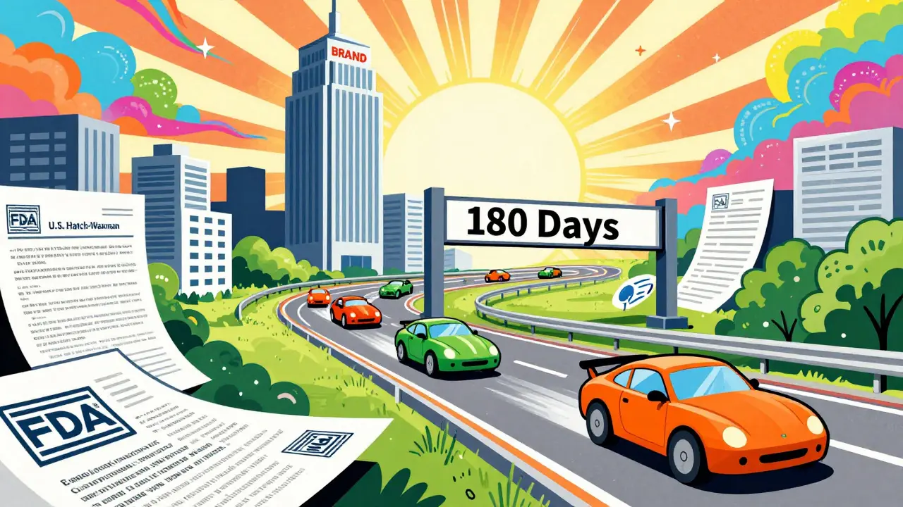 Colorful cartoon of generic drug companies racing to enter the market under US patent laws.