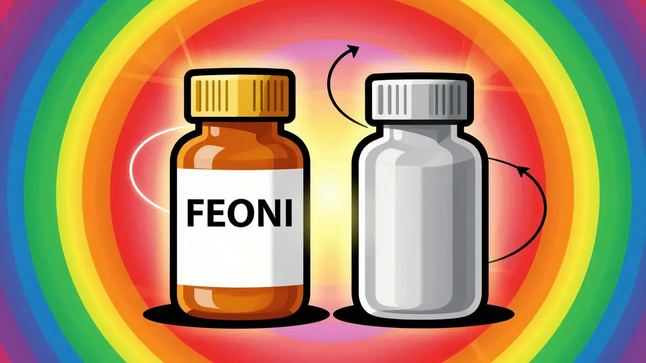 Colorful illustration comparing two medicine bottles with rainbow swirls