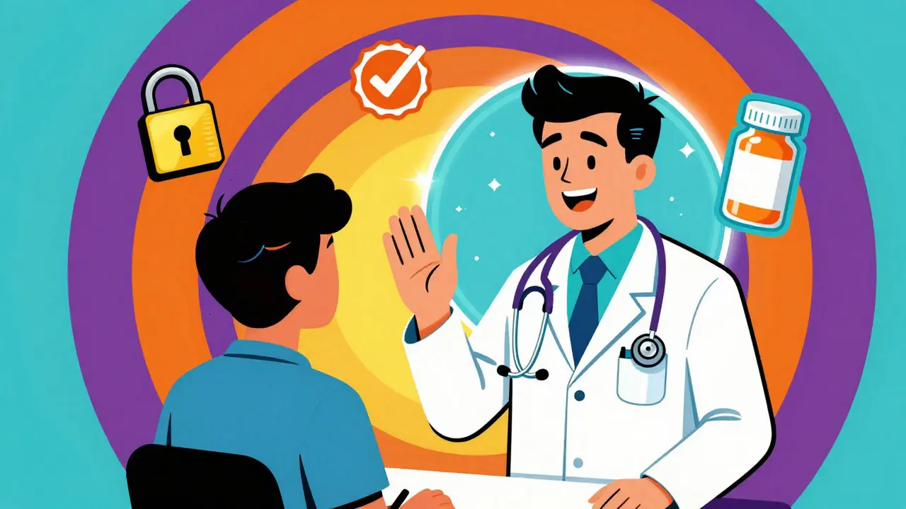 Colorful Peter Max illustration of a secure telemedicine video consult with trust symbols like locks.