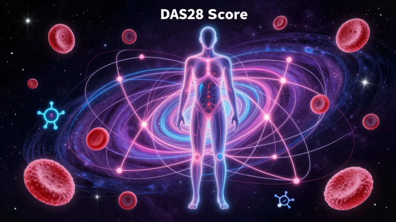 Cosmic art style depiction of blood markers and inflammation swirling around a figure in vibrant purple and blue hues.