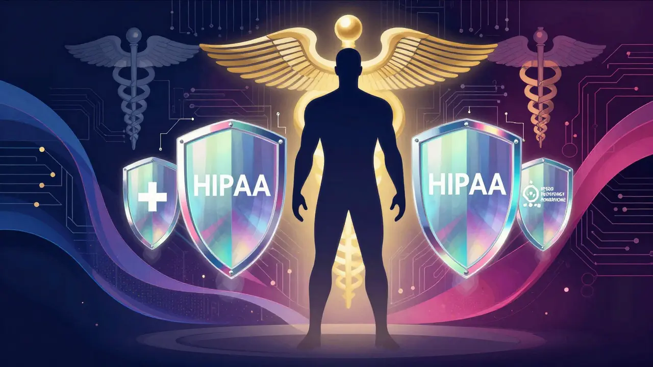Human figure protected by rainbow data privacy shields